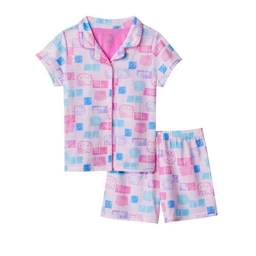 Hello Kitty Pink Button Up Short Sleeve Top Shorts Girls’ Pajama Set Size 10